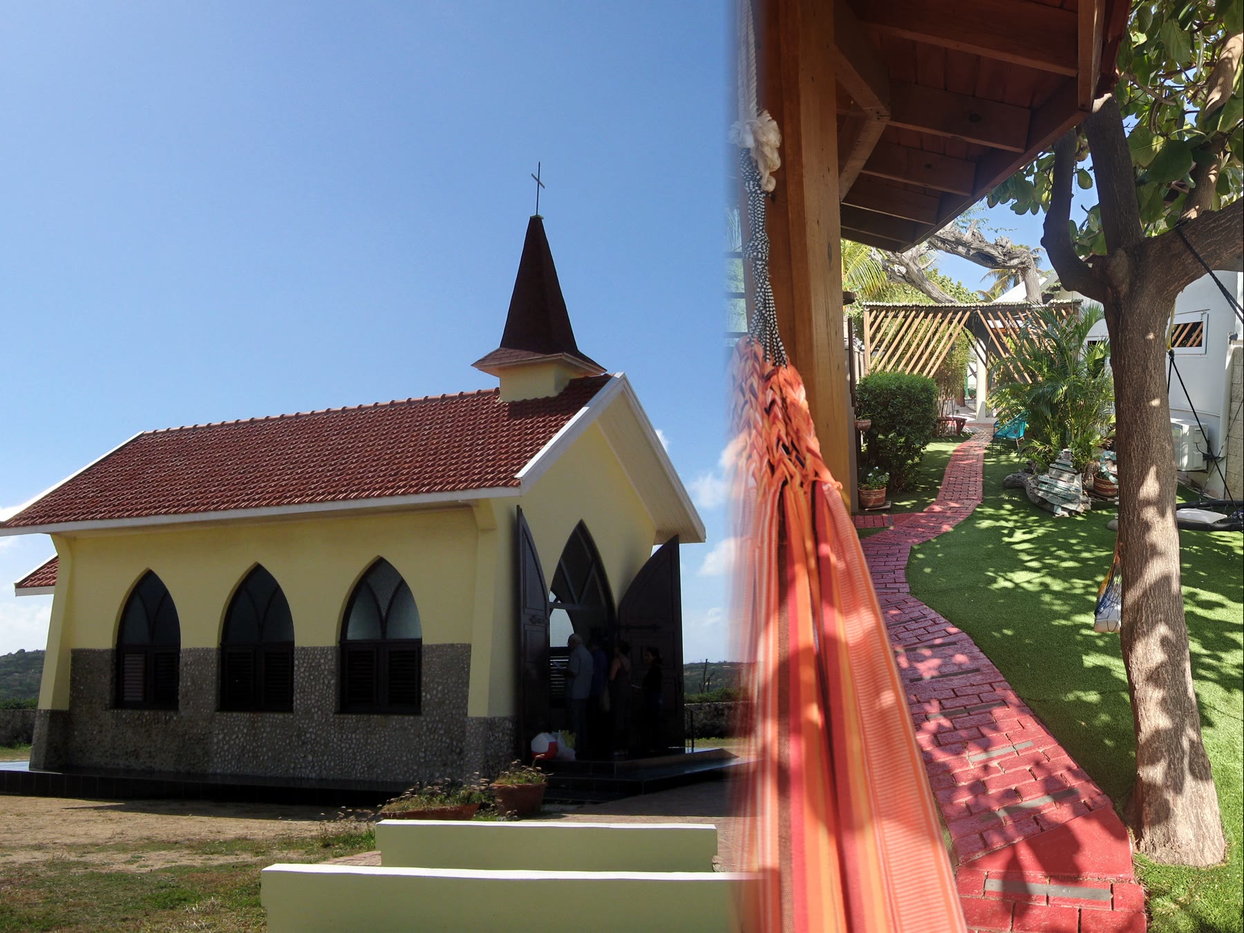 Two views of Alto Vista side by side: the yellow hilltop chapel, and the garden at Nafanny Spa with its hammock and brick path
