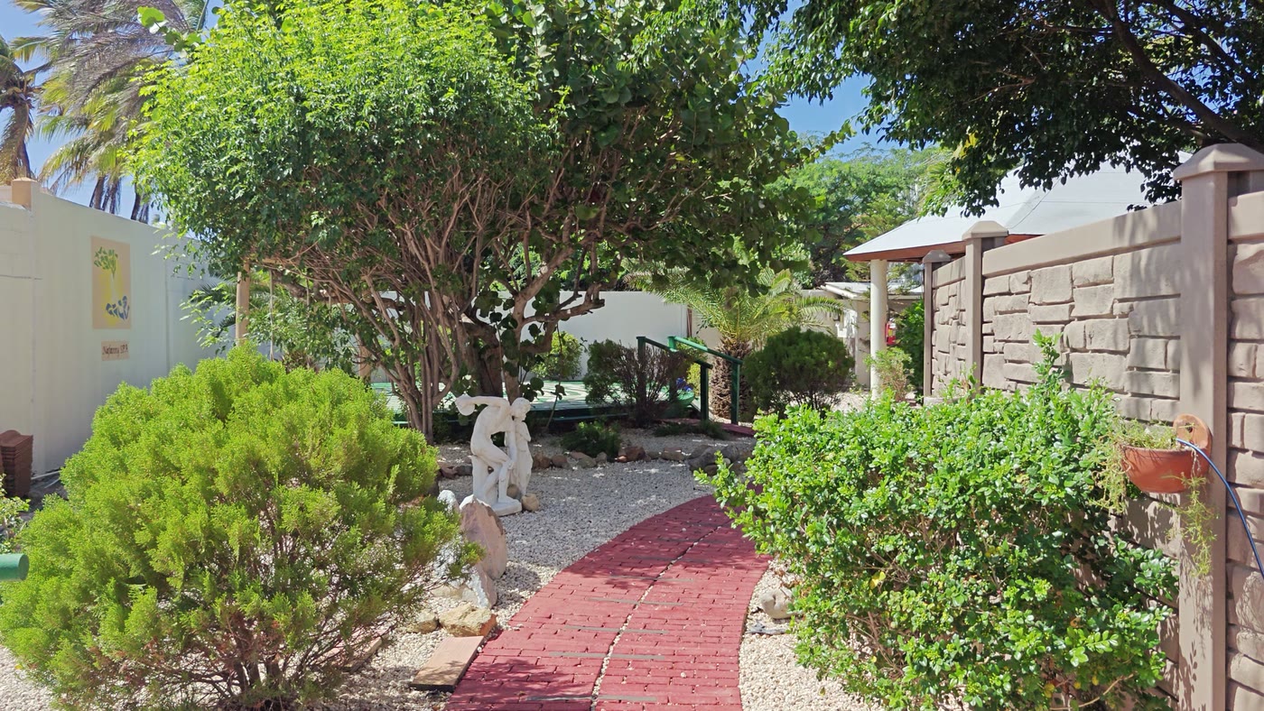 A side view across the back garden toward the treatment rooms